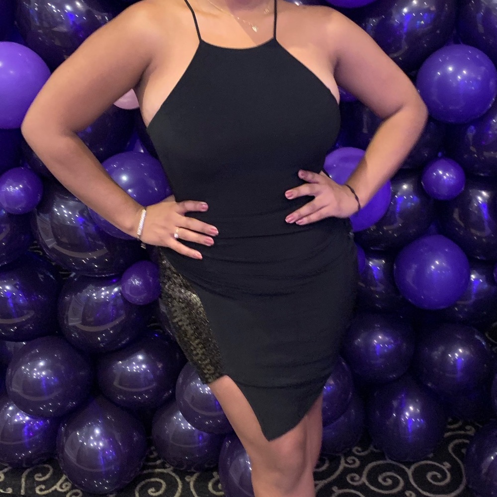 Strappy black asymmetrical dress